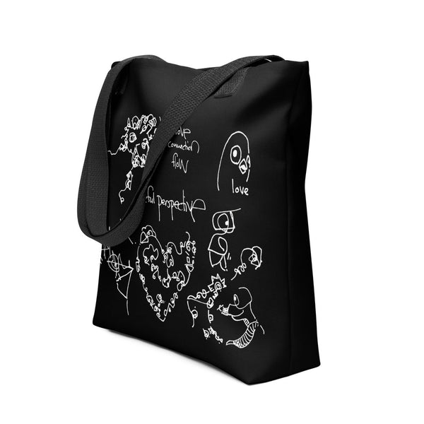 Black tote bag with white design